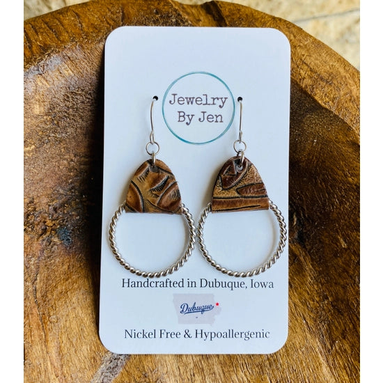Twisted Hoop- Tooled Brown- Handmade Earrings