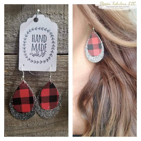 Red/Black Buffalo Check and Bling Teardrop Handmade Earrings